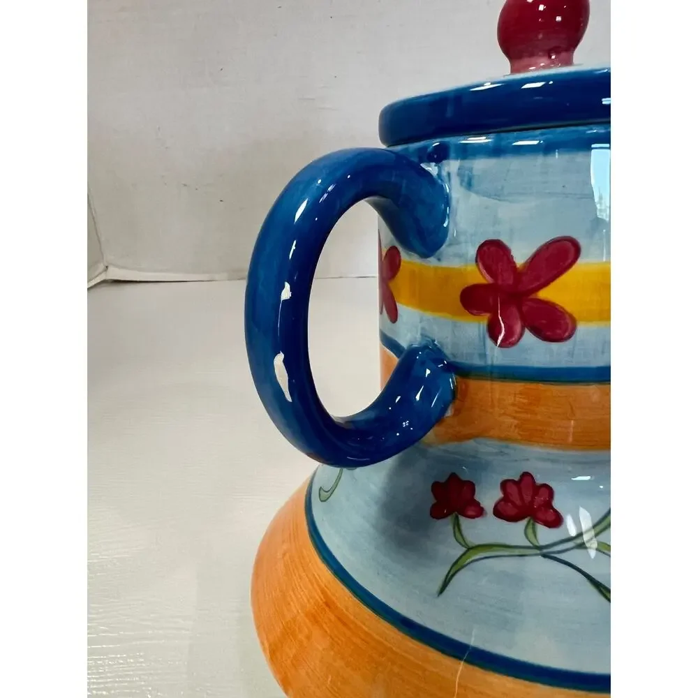 Vintage I Godinger & Co Floral Hand Painted Ceramic Teapot Blue Orange Whimsical